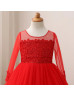 Beaded Red Lace Tulle Flower Girl Dress Birthday Party Dress